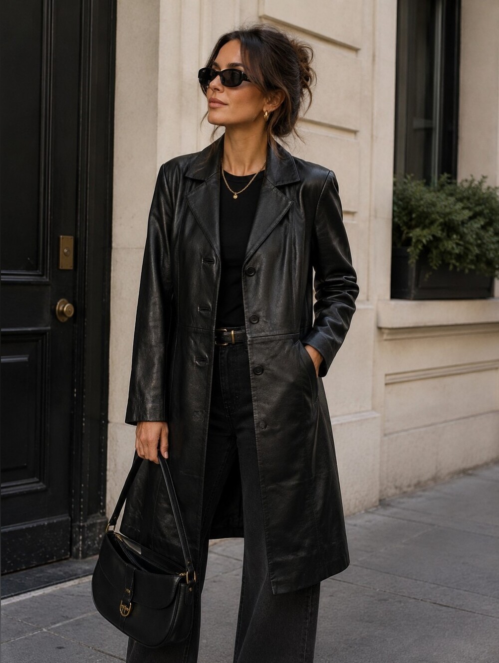 Vntg Chadwicks Women's Black 100% Leather Trench Coat Size M - Picture 1 of 13